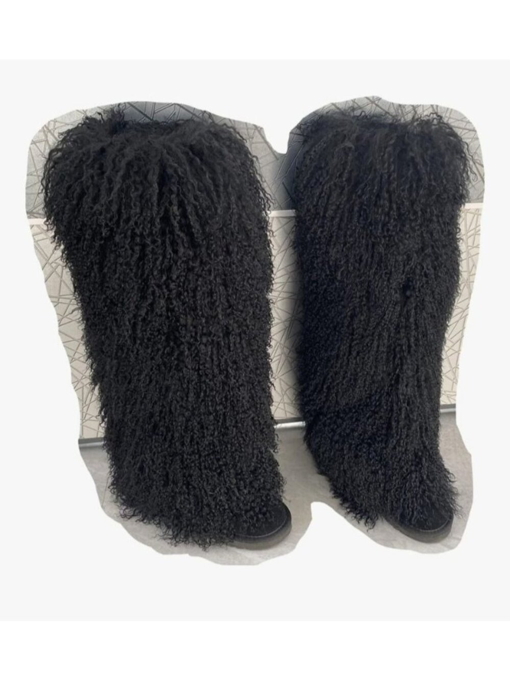 FurinFashion Womens Boots Sz 9 Black Over-Knee-High Mongolian Sheep Fur Winter
